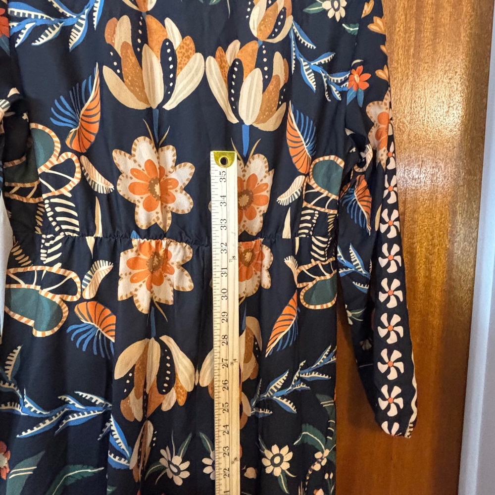 BloomChic Navy Floral Bird Print Midi Dress Long Sleeve Pockets Womens Size 10 - Picture 9 of 11